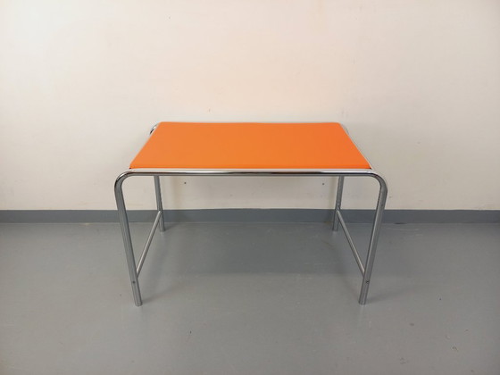 Image 1 of Vintage desk in orange imitation leather and chrome from the 1970s