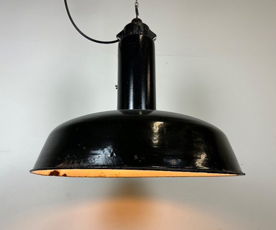 Image 1 of Industrial Black Enamel Factory Pendant Lamp with Iron Top, 1950s