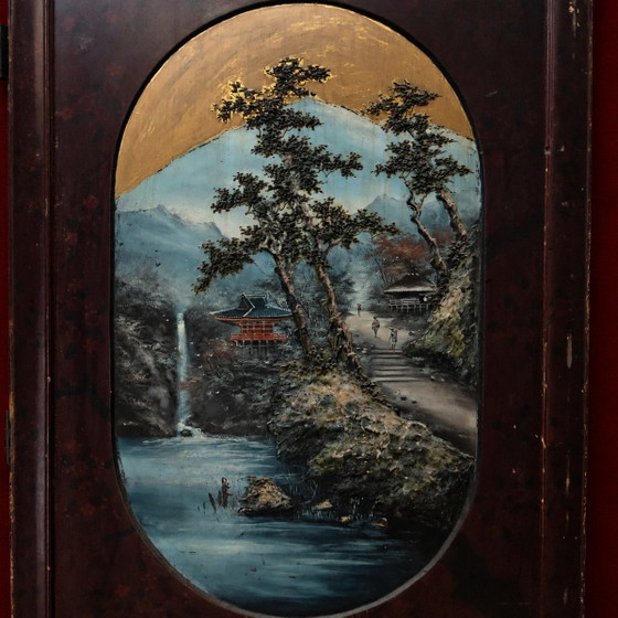 Vintage Rood Chinees Kamerscherm (Traditioneel Landschap Tempels) Oosters / Bohemian Paravent – Kamerschermen (photo 3 of 15)