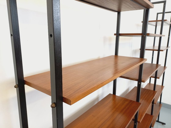 Image 1 of Vintage Italian triple modular bookcase in teak and metal from the 1960s