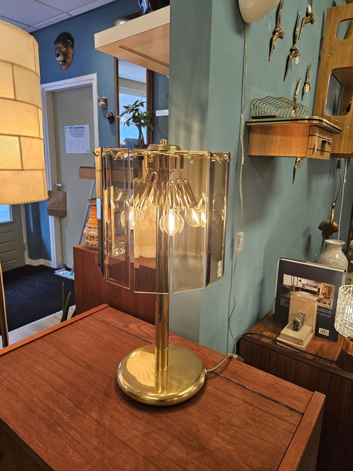 Vintage Tafellamp Lamp Geslepen Rookglas Messing