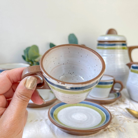 Servizio da caffè vintage in gres maculato grigio anni '50 con strisce verdi e blu - Tazze da caffè vintage (photo 8 of 14)