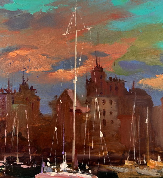 Original Oil Painting Urban Landscape Architecture Port City Sailboats – Paintings & Drawings, Mdf (photo 5 of 10)