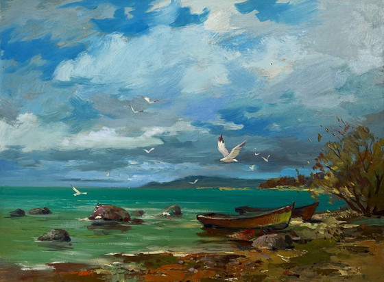 Image 1 of Pintura al óleo original: Paisaje costero marino delimitado por la corriente.