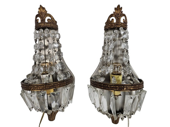 Image 1 of Hollywood Regency Style - 2 Wall Lights - Gold plated - Crystal - 60's
