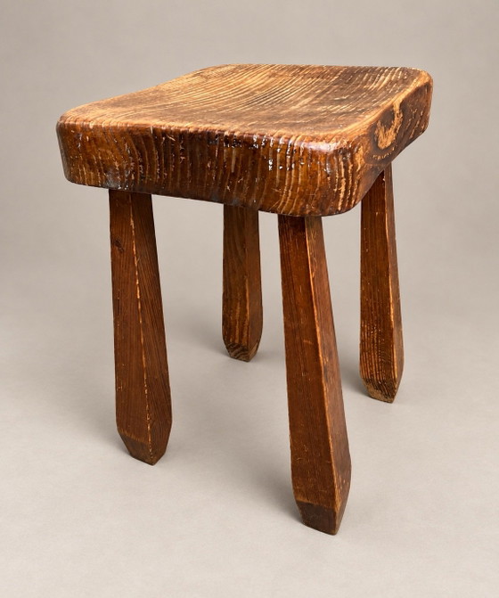 French Rustic Sculptural Wooden Stool, Primitive Wabi-Sabi Furniture, Brown (photo 3 of 6)