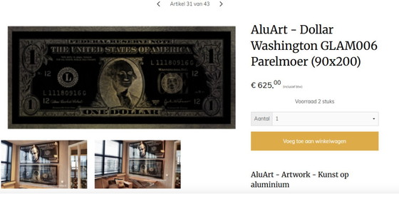 Image 1 of Cuadro AluArt de Dollar Washington GLAM006 90 x 200 cm