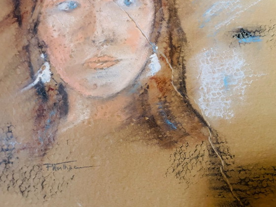 Image 1 of A female portrait painting created on old, worn, honeycomb-patterned cardboard packaging.