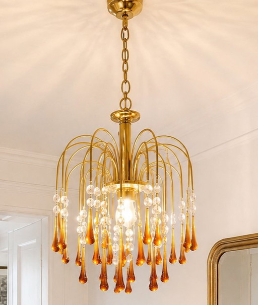EMME PI LIGHT Italian Vintage Cascade Chandelier – Amber Glass & Brass – 1980s – kroonluchters, Metal
