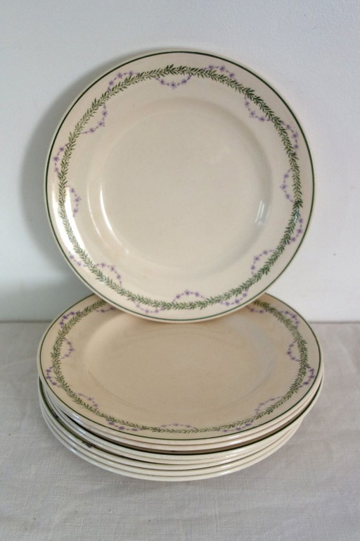 8 flache Longwy-Teller, Muster Loridan, um 1900