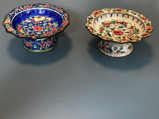 Coppia di Coppe su Piedistallo in Rame Smaltato di Canton – Cina – Fine XVIII Secolo – decoratieve objecten, Copper