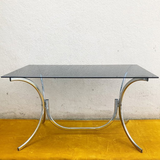 Vintage tafel met rookglas en chromen onderstel - jaren 70 stijl (jaren 80)