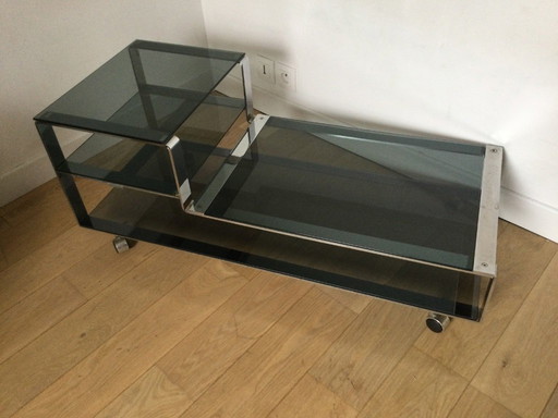 Salontafel / Laag kastje, Italiaans design in gerookt glas en staal