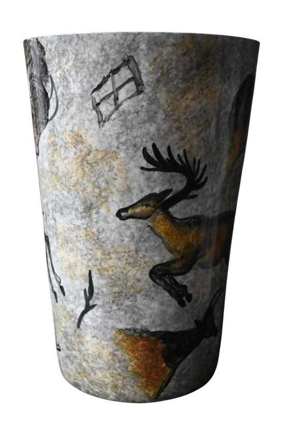 Image 1 of Vaso Vallauris, anni '50 – Decoro preistorico "Lascaux" – Decorazione dipinta a mano – H. 26,5 cm