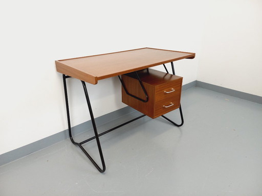 Bureau Double-Face Moderniste Vintage en Bois d’Acajou Style Teck et Métal Noir des Années 60