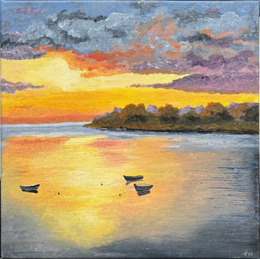 Impressionistisch landschap schilderij – zonsondergang met boten | What Will Tomorrow Bring