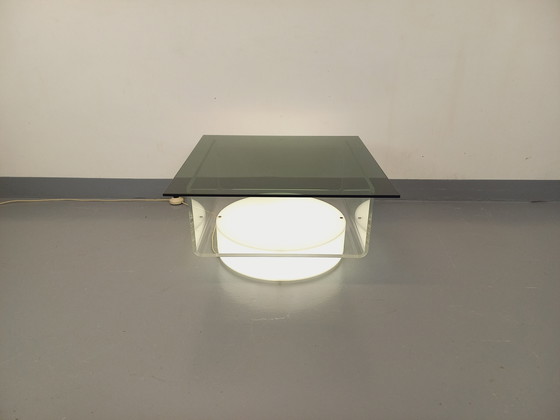 Image 1 of Square illuminated vintage Italian coffee table in glass and Plexiglas in the Space Age style of the '70s