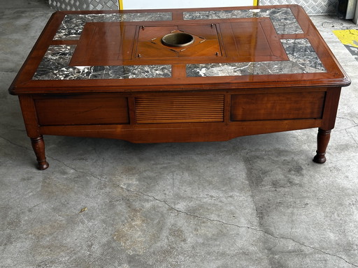 Table basse Robert Tissot en merisier massif, marbre et rafraîchissoir - années 70