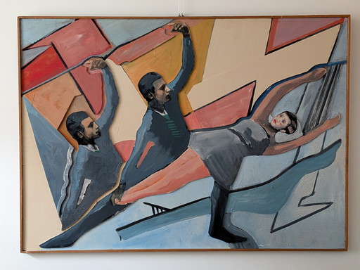 Groot vintage Frans modernistisch reliëf in gemengde technieken – Abstracte dansende figuren – 142 × 102 cm