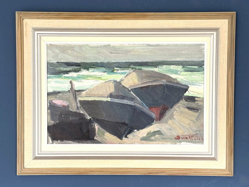 Pintura al óleo modernista 'Barcos en la playa' de Carl Berndtsson (1902-1982)