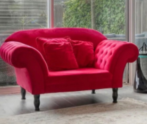 Ensemble de canapés Chesterfield de luxe en velours rouge – Canapés 3 places, Textile (photo 3 of 7)
