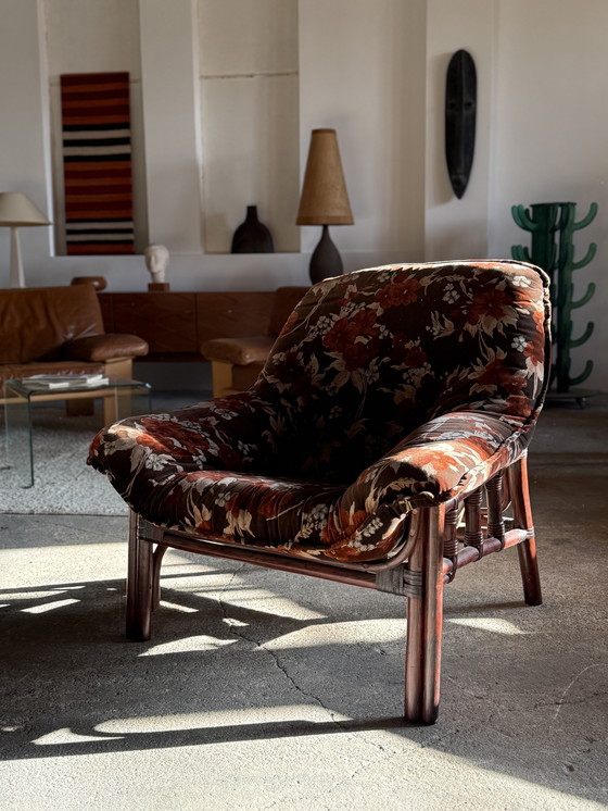 Image 1 of BAMBOO SET 2x ARMCHAIRS & COFFEE TABLE FLORAL PATTERN VELVET 1980s
