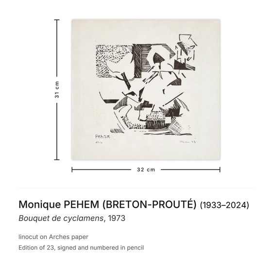 Monique PEHEM (BRETON-PROOUTÉ) Gesigneerd Linosnede Bouquet de Cyclamens 1973 – Litho's & Zeefdrukken, Paper (photo 3 of 5)