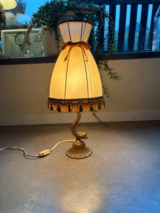 Lámpara de mesa vintage Hollywood Regency Delfín con pantalla corsé – Años 50/60