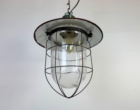 Image 1 of Industriële groene emaille kooi hanglamp, jaren 60