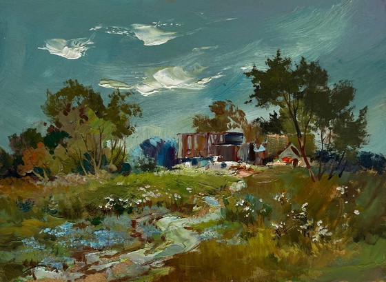 Image 1 of Origineel olieverfschilderij: Landschap met zomerhuisje - Rust op het platteland in de zomer