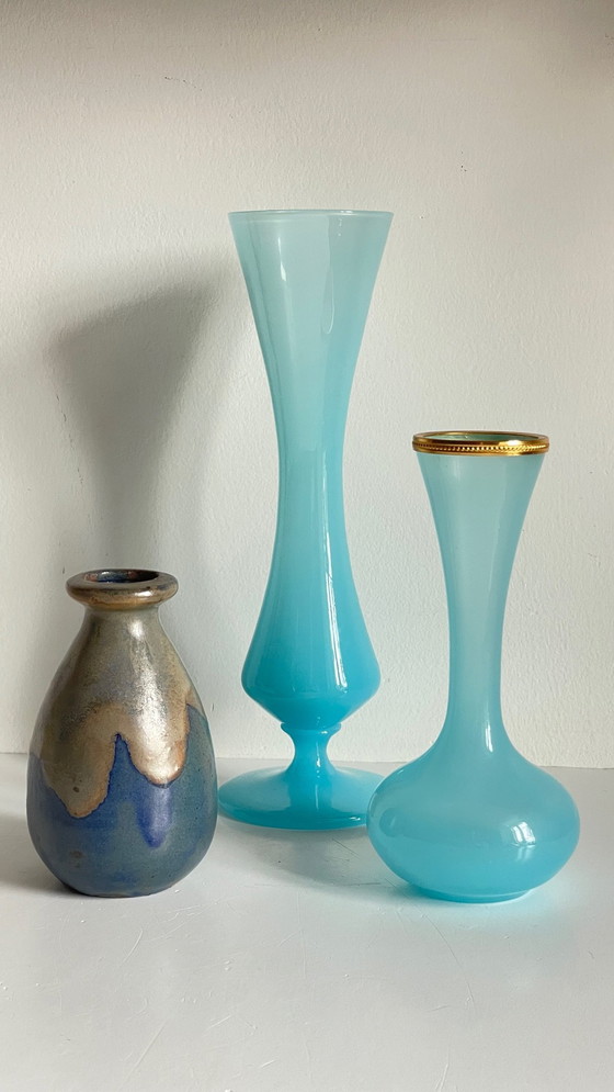 Image 1 of Vintage Blue Stoneware and Opaline Glass Vases