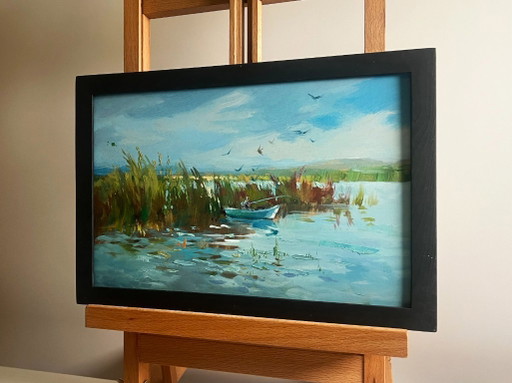 Peinture à l'huile originale représentant un paysage côtier fluvial, avec des pêcheurs parmi les roseaux.