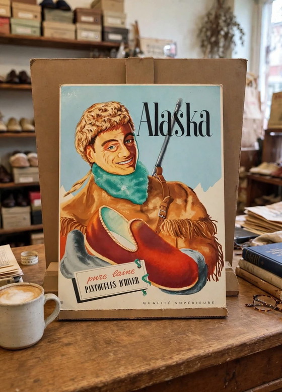 Vintage 1950 Advertising Sign Alaska Pantoffels - 42x30, Wall decoration, Paper, Brown (photo 4 of 5)