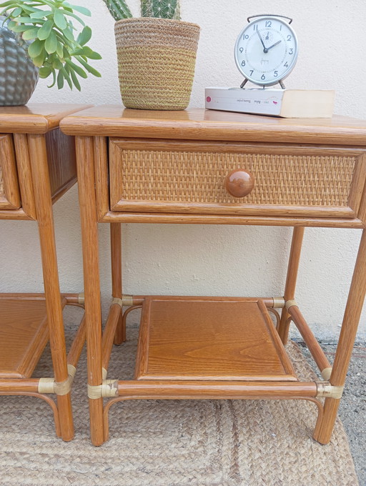 Pair of bedside tables in bamboo and rattan, vintage 1970