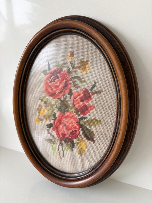 Bordado antiguo enmarcado con rosas – wanddecoratie, Textile, Wood (photo 2 of 5)