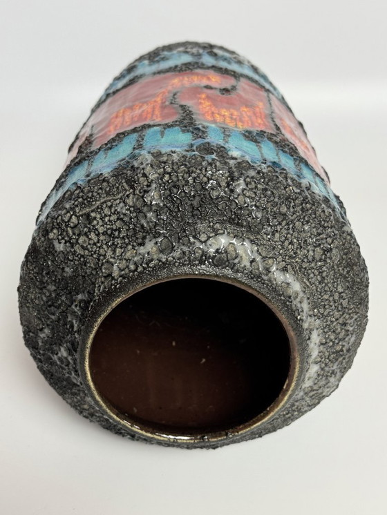 Image 1 of Large Ceramic Black Fat Lava Vase with Brilliant Azur Blue and Orange Enamel Accents, West Germany 1970s.