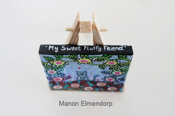 Image 1 of Uniek Handgeschilderd Schilderijtje incl Ezeltje Grijze Kat