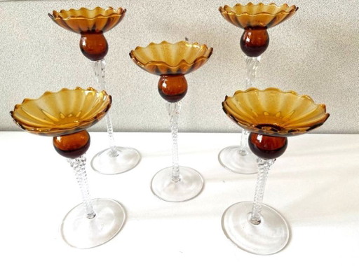 Élégant Quintuor Photophores Bougeoirs en Verre Cristal Art Design Empoli Italie