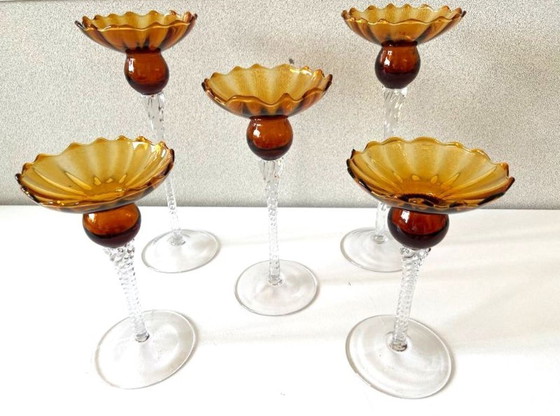 Image 1 of Élégant Quintuor Photophores Bougeoirs en Verre Cristal Art Design Empoli Italie