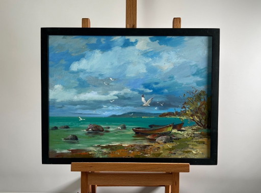Pintura al óleo original: Paisaje costero marino delimitado por la corriente.