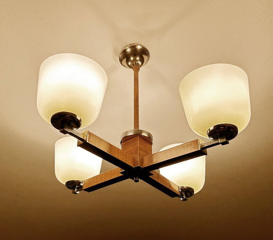 Image 1 of Lampe pendante Art Déco en bois et verre chromé