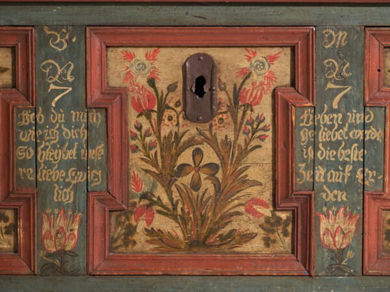 Cassapanca nuziale antica dipinta in pino – Impero Austro-Ungarico, Anno 1775 – Armadi contenitori (photo 11 of 40)