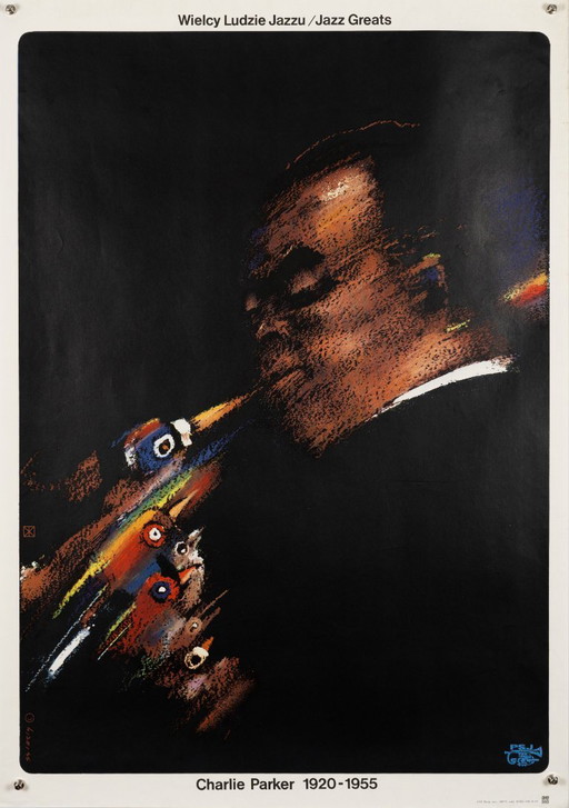 Charlie Parker 1920-1955 – 1975 – Póster musical vintage original de Waldemar Swierzy – Estilo moderno de mediados de siglo