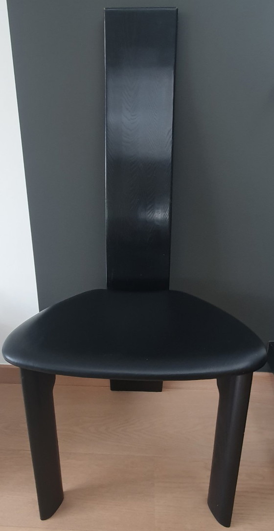 Set Van 6 Vintage Zwarte 'Iris' Stoelen – Van Den Berghe - Pauvers – Eetkamerstoelen, Wood, Leather (photo 3 of 9)