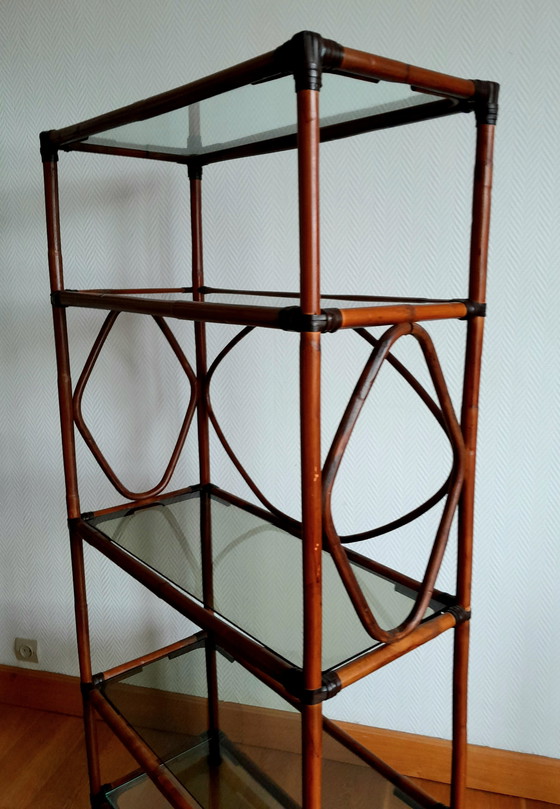 Image 1 of Large Rattan And Smoked Glass Shelf 1960