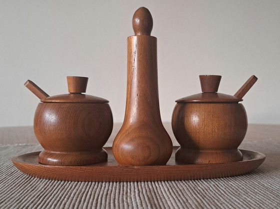 Image 1 of Mid-Century Teak Spice & Sugar Set – 6 Pieces – Vintage