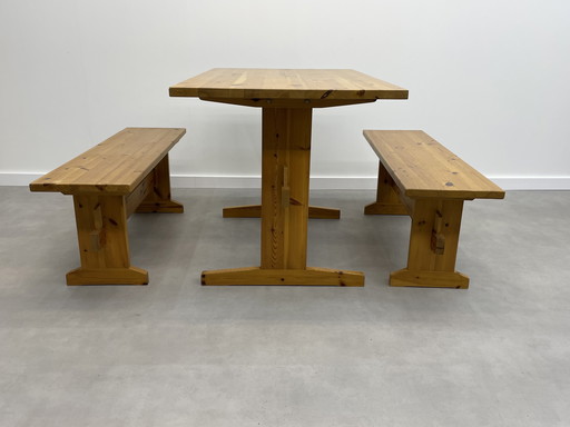 Vintage pine dining table with benches