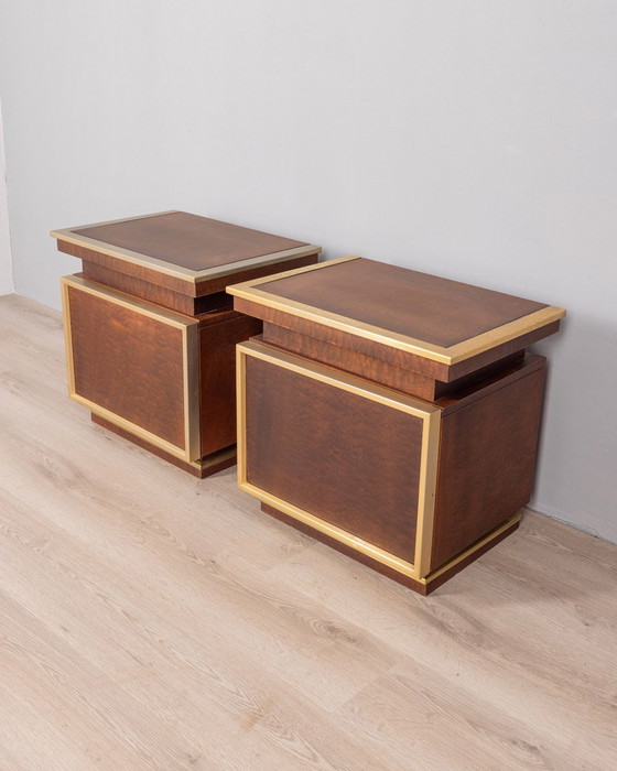 Image 1 of Pair of Vintage 50s Bedside Tables in Brass and Wood Italian Design