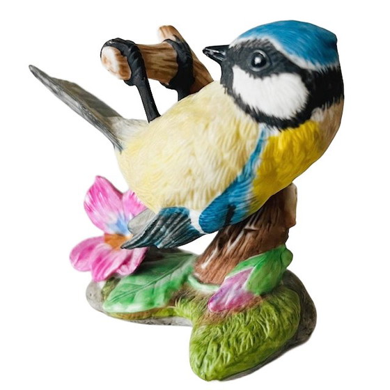 Image 1 of Vintage Franklin Mint Birds and Blossoms Blue Tit porcelain bird figurine 1986