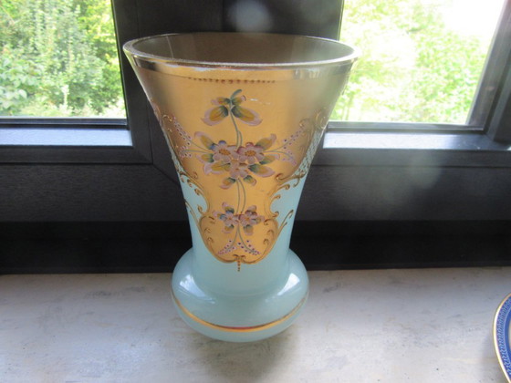 Image 1 of Art Nouveau Vase Large Heavy Enameled Turquoise Gold  